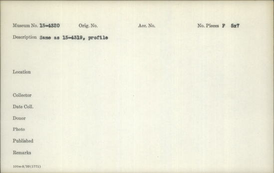 Documentation associated with Hearst Museum object titled Black-and-white negative, accession number 15-4320, described as Mohave Indian, profile. Same individual as 15-4320.