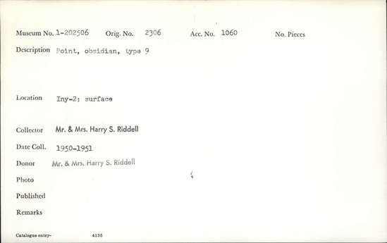 Documentation associated with Hearst Museum object titled Point and scraper, accession number 1-202506, described as Obsidian. Type 9.