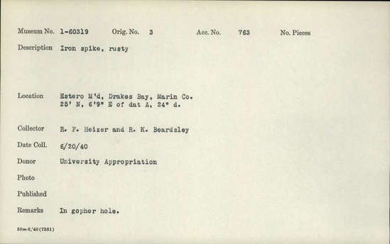 Documentation associated with Hearst Museum object titled Spike, accession number 1-60319, described as Iron, rusty. Notice: Image restricted due to its potentially sensitive nature. Contact Museum to request access.