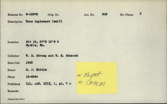 Documentation associated with Hearst Museum object titled Awl fragment and spatula, accession number 2-12378, described as Bone implement.