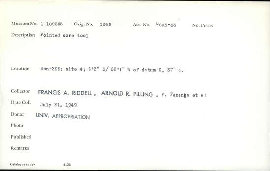 Documentation associated with Hearst Museum object titled Worked stone, accession number 1-109563, described as Pointed core.