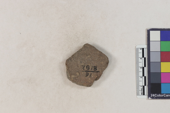 Hearst Museum object 92 of 183 titled Potsherd, accession number 16-8192, described as Potsherd: bodys Section of Manta on beach currently inhabited. Numbers  8111 to 8194 are sherds picked up on beach at low tide.