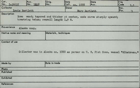 Documentation associated with Hearst Museum object titled Bow, accession number 2-36637, described as Wood bow.  Tapered and thicker at center, ends curve sharply upward.  Bowstring made of twine.