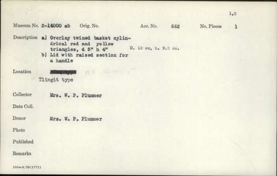Documentation associated with Hearst Museum object titled Basket and lid, accession number 2-14000a,b, described as (a) Overlay twined basket, cylindrical red and yellow triangles. (b) Openwork lid with handle. (b) Lid with raised section for a handle.