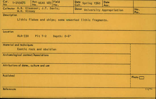 Documentation associated with Hearst Museum object titled Stone sample, accession number 1-243075, described as Lithic flakes and chips; some unworked lithic fragments; exotic rock and obsidian.