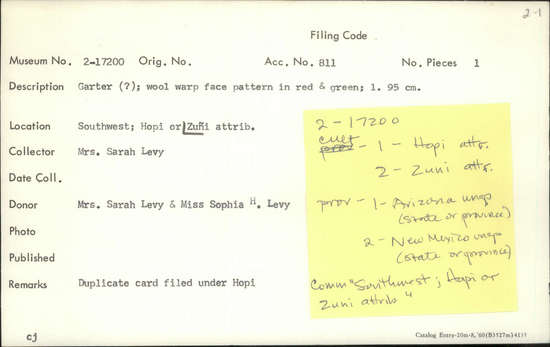 Documentation associated with Hearst Museum object titled Garter, accession number 2-17200, described as Wool warp face pattern in red and green.