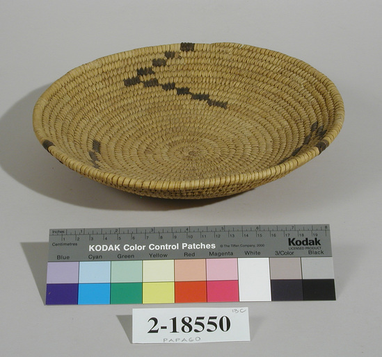 Hearst Museum object titled Basket, accession number 2-18550, described as Coiled, shallow basin shape.  Design:  3 stepped angle like.