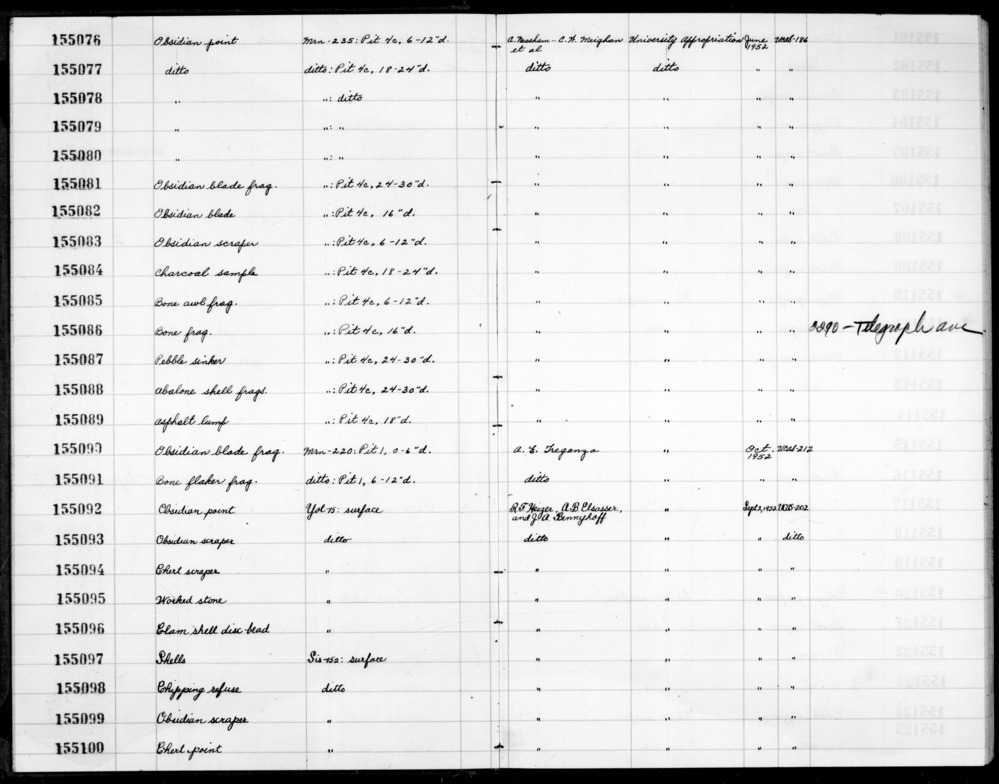 Documentation associated with Hearst Museum object titled Point, accession number 1-155079, described as obsidian point