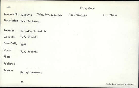 Documentation associated with Hearst Museum object titled Bead pattern, accession number 1-213014, described as Set with beeswax.