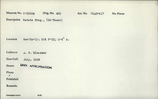 Documentation associated with Hearst Museum object titled Metate fragment, accession number 2-32204, described as Bi-faced.