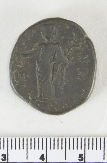 Hearst Museum object 3 of 6 titled Coin: billon tetradrachm, accession number 6-22657, described as Observe; Head of Vespasian, right, laureate.  [LB] to right.  Reverse; Eirene standing left.