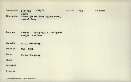 Documentation associated with Hearst Museum object titled Vessel fragment, accession number 2-21992, described as Brown glazed Bennington ware, vessel fragment