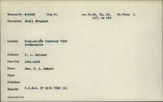 Documentation associated with Hearst Museum object titled Shell fragment, accession number 6-4539, described as Shell fragment