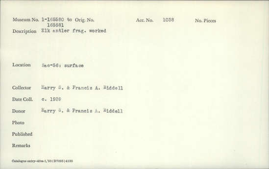 Documentation associated with Hearst Museum object titled Worked antler, accession number 1-165580, described as Elk antler, worked.