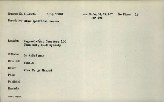 Documentation associated with Hearst Museum object titled Beads, accession number 6-13094, described as blue spherical beads