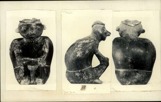 Documentation associated with Hearst Museum object titled Figurine, accession number 3-3607, described as Red pottery effigy of seated man, elbows on knees