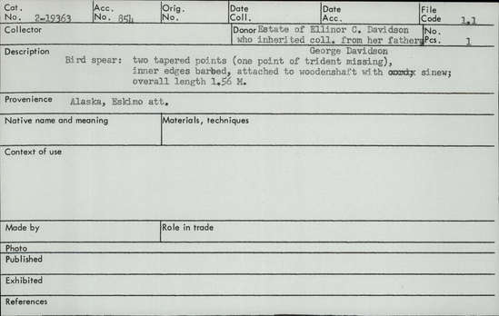 Documentation associated with Hearst Museum object titled Spear, accession number 2-19363, described as Two tapered points (one point of trident missing), inner edges barbed, attached to wooden shaft with sinew.