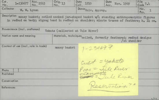 Documentation associated with Hearst Museum object titled Basket, accession number 1-230677, described as Coiled, necked, jar-shaped with 4 standing anthropomorphic figures in redbud on body; zigzag band in redbud on shoulder; minute traces of feathers.