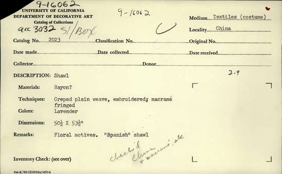 Documentation associated with Hearst Museum object titled Shawl, accession number 9-16062, described as Shawl of rayon, creped plain weave, embroidered, macramé  fringes. Lavender with floral motifs; "spanish" shawl. 50.5 x 53.5