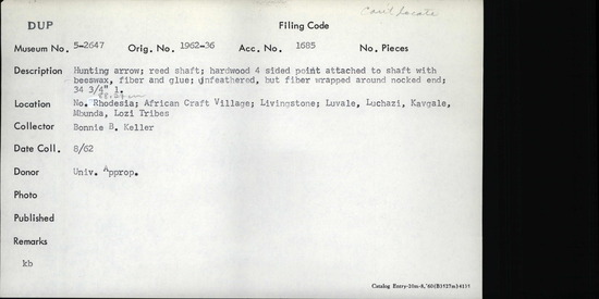 Documentation associated with Hearst Museum object titled Arrow, accession number 5-2647, described as Hunting arrow; reed shaft; hardwood 4 sided point attached to shaft with beeswax fiber and glue; unfeathered, but fiber wrapped around nocked end; 34.75 inches long.
