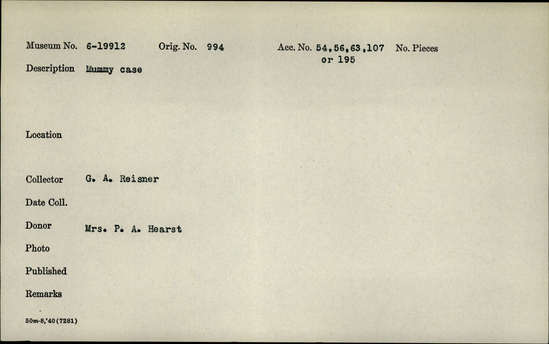 Documentation associated with Hearst Museum object titled Coffin, accession number 6-19912, described as Wooden anthropoid coffin. Inscription running down center of lid. Determined by Kea Johnston to probably be the outer coffin of Iwefaa (6-19928, 12-11039). According to Kea Johnston, "This coffin belonged to a man named Iwefaa, whose name is inserted in the middle of the spells written in the two columns on the front. This coffin is likely the outer coffin for PAHMA 6-19928 based on the similarity of the owner's name, unusual costume, and the paleography of the inscription. Both coffins were purchased on the antiquities market by George Reisner for Phoebe A Hearst. However, stylistically, they are very similar to a set of coffins known to have come from the site of Akhmim, which was excavated in the 1880s by Gaston Maspero, and which has heavily looted for the antiquities market during this decade." "The pectoral vignette between the text and the collar shows the deceased standing before squatting baboon and is the source of our logo. The hieroglyph for 'sky' is above their heads, and the side borders are formed by a pyramid and the symbol for the West.