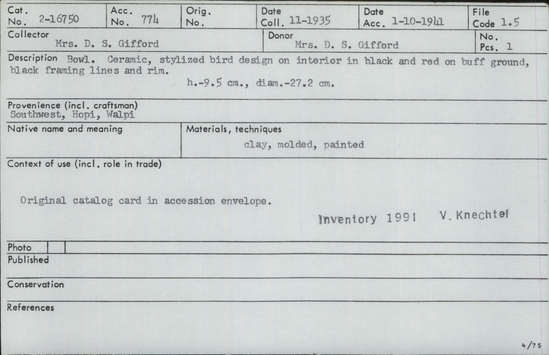 Documentation associated with Hearst Museum object titled Bowl, accession number 2-16750, described as Ceramic, stylized bird design on interior in black and red on buff ground, black framing lines and rim. Molded and painted.