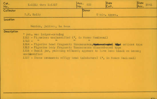Documentation associated with Hearst Museum object titled Figurine, accession number K-1313, described as Figurine: unclassified.