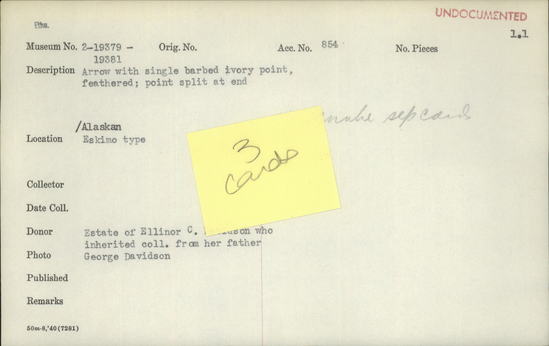 Documentation associated with Hearst Museum object titled Arrow, accession number 2-19380, described as Single barbed ivory point, feathered. Point split at end.