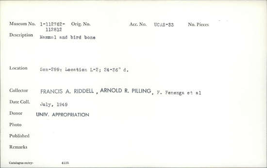 Documentation associated with Hearst Museum object titled Faunal remains, accession number 1-112763, described as Mammal and bird.