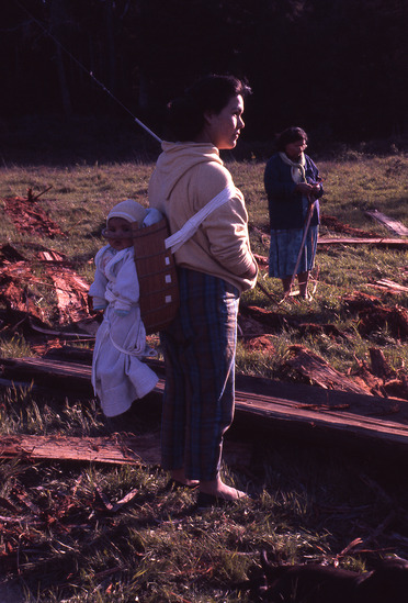 Hearst Museum object titled Color slide, accession number 25-2033, described as Essie Parrish and Indian woman with cradleboard and baby.