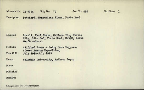 Documentation associated with Hearst Museum object titled Potsherds, accession number 16-7264, described as Potsherds, Mangueires Plain