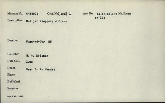 Documentation associated with Hearst Museum object titled Jar stopper, accession number 6-15504, described as mud jar stopper; diameter 8 cm