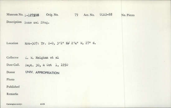 Documentation associated with Hearst Museum object titled Awl fragment, accession number 1-127598, described as Bone awl fragment. Notice: Image restricted due to its potentially sensitive nature. Contact Museum to request access.