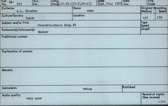 Documentation associated with Hearst Museum object titled Audio recording, accession number 24-553, described as Deerskin Dance (#4). Performed by Smoker.