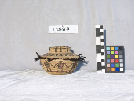 Hearst Museum object titled Basket, accession number 1-28669, described as Small, bottle-neck, coiled. Human figures, quail crests, red figures.