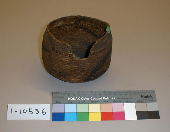 Hearst Museum object titled Basket, accession number 1-10536, described as Small, old, 3-rod coiled basket with design in redbud.