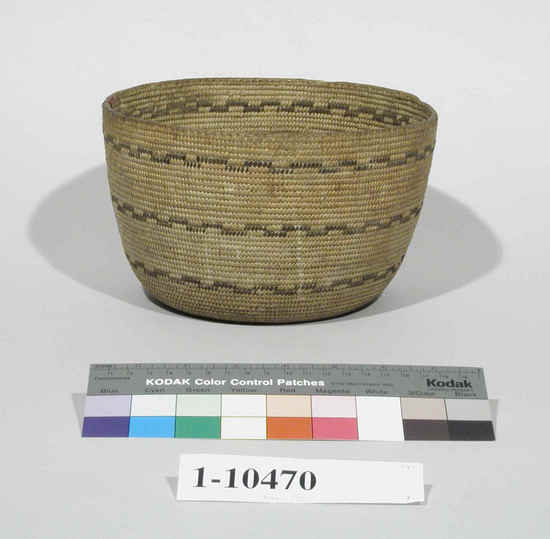 Hearst Museum object titled Dipper, accession number 1-10470, described as Dipper basket; coiled. Warp is Epicampes (Sporobolus rigens), weft is Sedge (Carex). Black pattern is Brake fern (Pteris quilina).