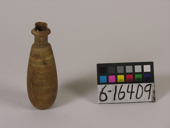 Hearst Museum object titled Bottle, accession number 6-16409, described as Alabaster bottle slender, discolored, diameter 12 cm.