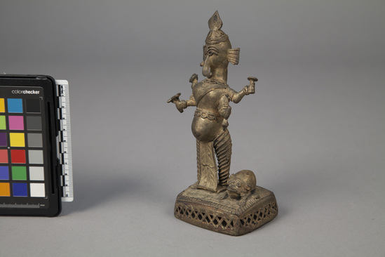 Hearst Museum object 2 of 7 titled Figurine, accession number 9-11007, described as Religious figurine, god Ganesha and his vehicle, the mouse; brass 17 cm length; 8.5 cm width