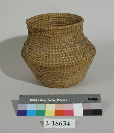 Hearst Museum object titled Basket, accession number 2-18634, described as Olla, cat tail coiled, necked shoulder, outcurving rim. Wide spaced stitch.