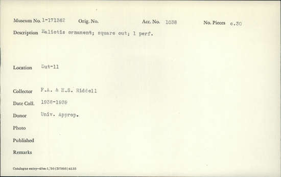 Documentation associated with Hearst Museum object titled Pendants, accession number 1-171362, described as Haliotis ornament; square cut; 1 perforation.