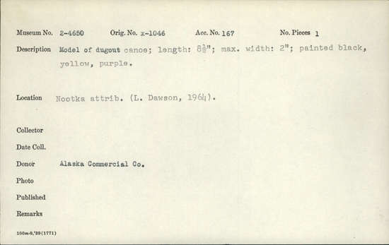 Documentation associated with Hearst Museum object titled Canoe model, accession number 2-4650, described as Model of dugout canoe, painted black, yellow, and purple.