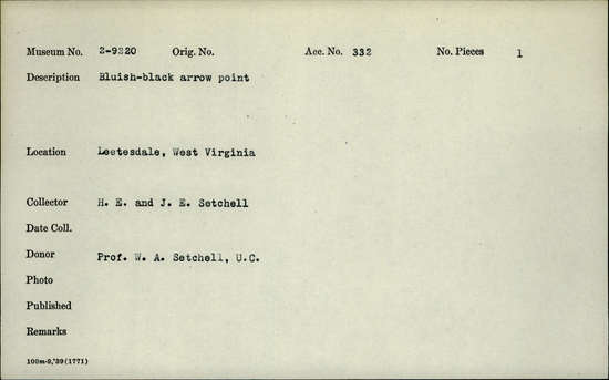 Documentation associated with Hearst Museum object titled Projectile point, accession number 2-9220, described as Bluish-black arrowpoint