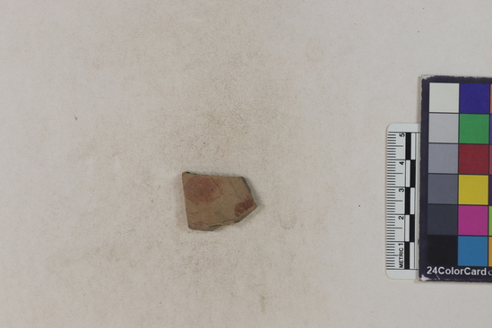 Hearst Museum object 2 of 2 titled Potsherd, accession number 16-8174, described as Potsherd; body, red slip on one side, red polka dots on other. Section of Manta on beach currently inhabited. Numbers  8111 to 8194 are sherds picked up on beach at low tide.