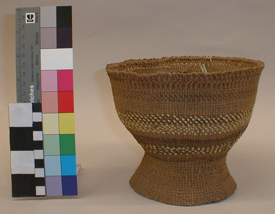 Hearst Museum object titled Basket, accession number 2-13252, described as Tule, shaped like egg cup. Close twining with banded light and dark design.