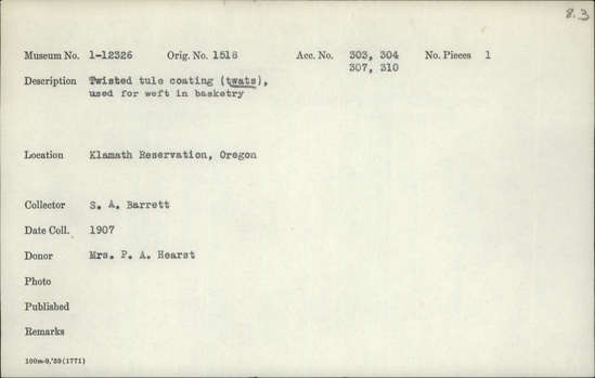 Documentation associated with Hearst Museum object titled Tule, accession number 1-12326, described as Twisted tule coating.