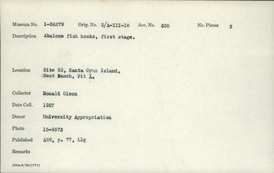 Documentation associated with Hearst Museum object titled Fishhooks, accession number 1-36279, described as Abalone fishhooks, first stage.