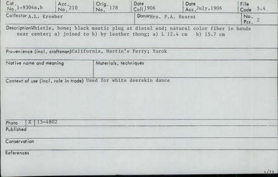 Documentation associated with Hearst Museum object titled Whistle, accession number 1-9304a,b, described as Bone, wrapped in natural color fiber in bands near center. Black mastic plug at distal end. (a) joined to (b) by leather thong.