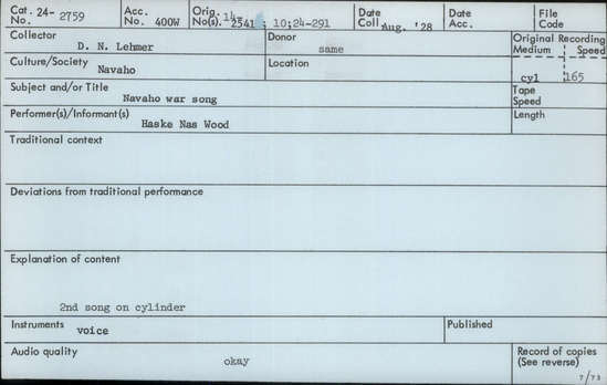 Documentation associated with Hearst Museum object titled Audio recording, accession number 24-2759, described as Navajo War Song