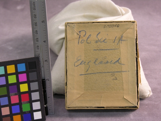 Hearst Museum object 2 of 2 titled Box, accession number 2-72048, described as Box:  Originally contained, “Eastman Lantern Slide Plates”, 3.25” x 4”.  Crayoned notation on back reads: “Pol Sci 1A, England”;  penciled notation on front, “Dr. Barrow’s Slides”